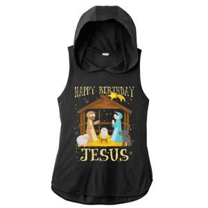 Happy Birthday Jesus Funny Christmas Nativity Christian Ladies PosiCharge Tri-Blend Wicking Draft Hoodie Tank