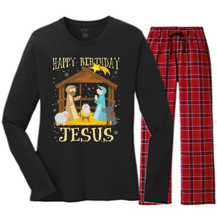 Happy Birthday Jesus Funny Christmas Nativity Christian Women's Long Sleeve Flannel Pajama Set 