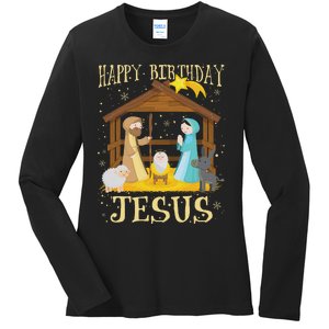 Happy Birthday Jesus Funny Christmas Nativity Christian Ladies Long Sleeve Shirt