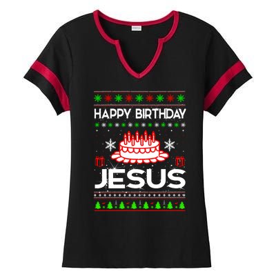 Happy Birthday Jesus Ugly Christmas Ladies Halftime Notch Neck Tee