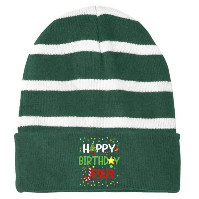 Happy Birthday Jesus Ugly Sweater Christmas Funny Pajama Striped Beanie with Solid Band