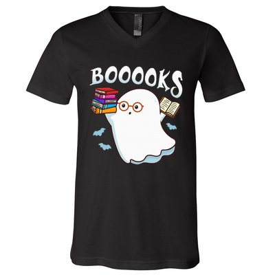 Halloween Books Librarian English Teacher Reader Reading V-Neck T-Shirt