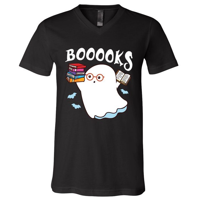 Halloween Books Librarian English Teacher Reader Reading V-Neck T-Shirt