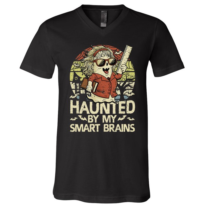 Haunted By My Smart Brains Halloween Teacher Ghost Women V-Neck T-Shirt