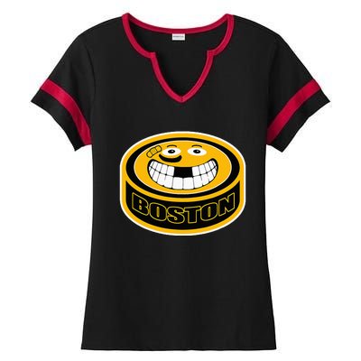 Hockey Boston Mass. Funny Puck Smile Face Ladies Halftime Notch Neck Tee