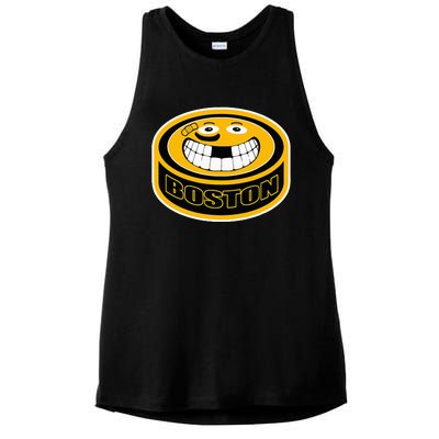 Hockey Boston Mass. Funny Puck Smile Face Ladies PosiCharge Tri-Blend Wicking Tank