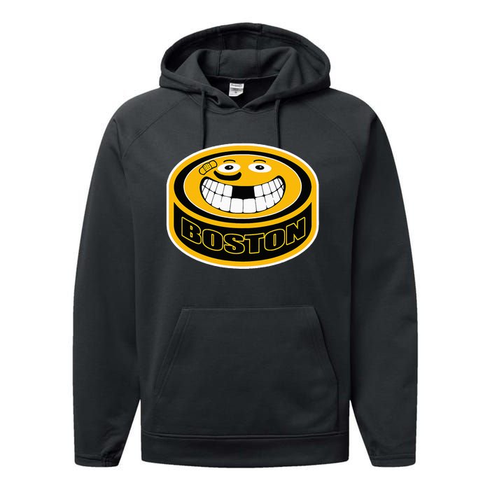 Hockey Boston Mass. Funny Puck Smile Face Performance Fleece Hoodie