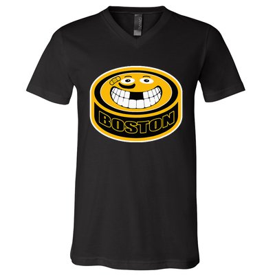 Hockey Boston Mass. Funny Puck Smile Face V-Neck T-Shirt