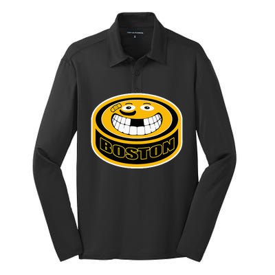 Hockey Boston Mass. Funny Puck Smile Face Silk Touch Performance Long Sleeve Polo