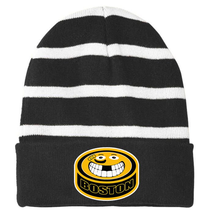 Hockey Boston Mass. Funny Puck Smile Face Striped Beanie with Solid Band