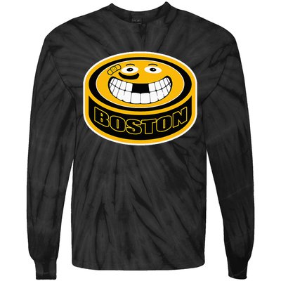 Hockey Boston Mass. Funny Puck Smile Face Tie-Dye Long Sleeve Shirt