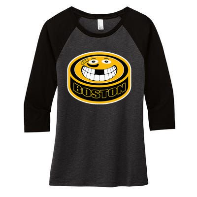 Hockey Boston Mass. Funny Puck Smile Face Women's Tri-Blend 3/4-Sleeve Raglan Shirt