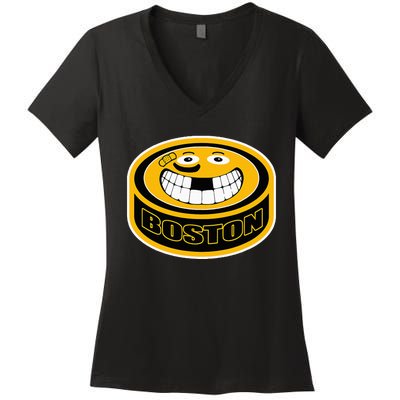 Hockey Boston Mass. Funny Puck Smile Face Women's V-Neck T-Shirt