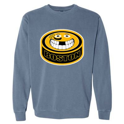 Hockey Boston Mass. Funny Puck Smile Face Garment-Dyed Sweatshirt