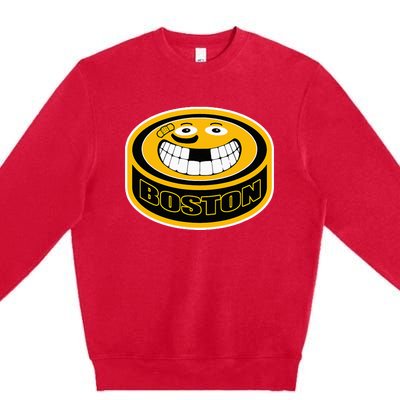 Hockey Boston Mass. Funny Puck Smile Face Premium Crewneck Sweatshirt