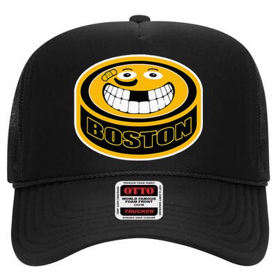 Hockey Boston Mass. Puck Smile Face Gift High Crown Mesh Back Trucker Hat