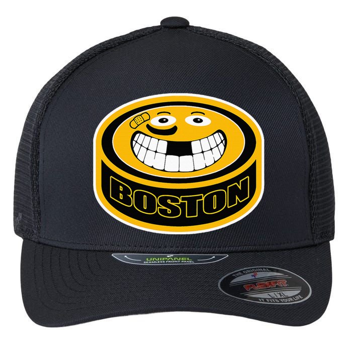 Hockey Boston Mass. Puck Smile Face Gift Flexfit Unipanel Trucker Cap