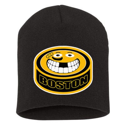 Hockey Boston Mass. Puck Smile Face Gift Short Acrylic Beanie