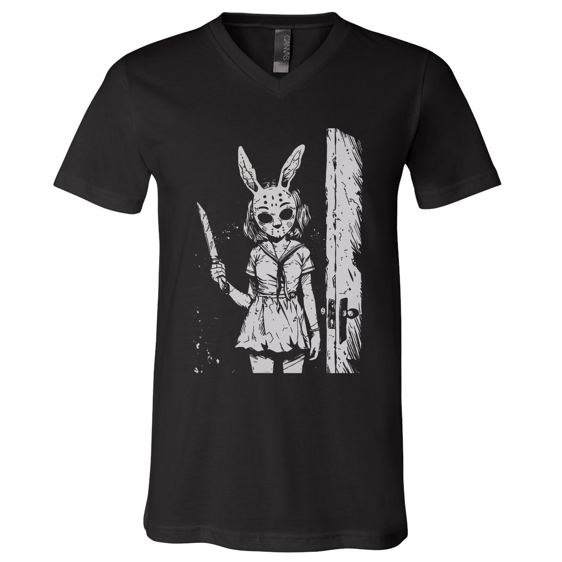 Horror Bunny Mask Rabbit Alt Goth Slasher Creepy Anime V-Neck T-Shirt