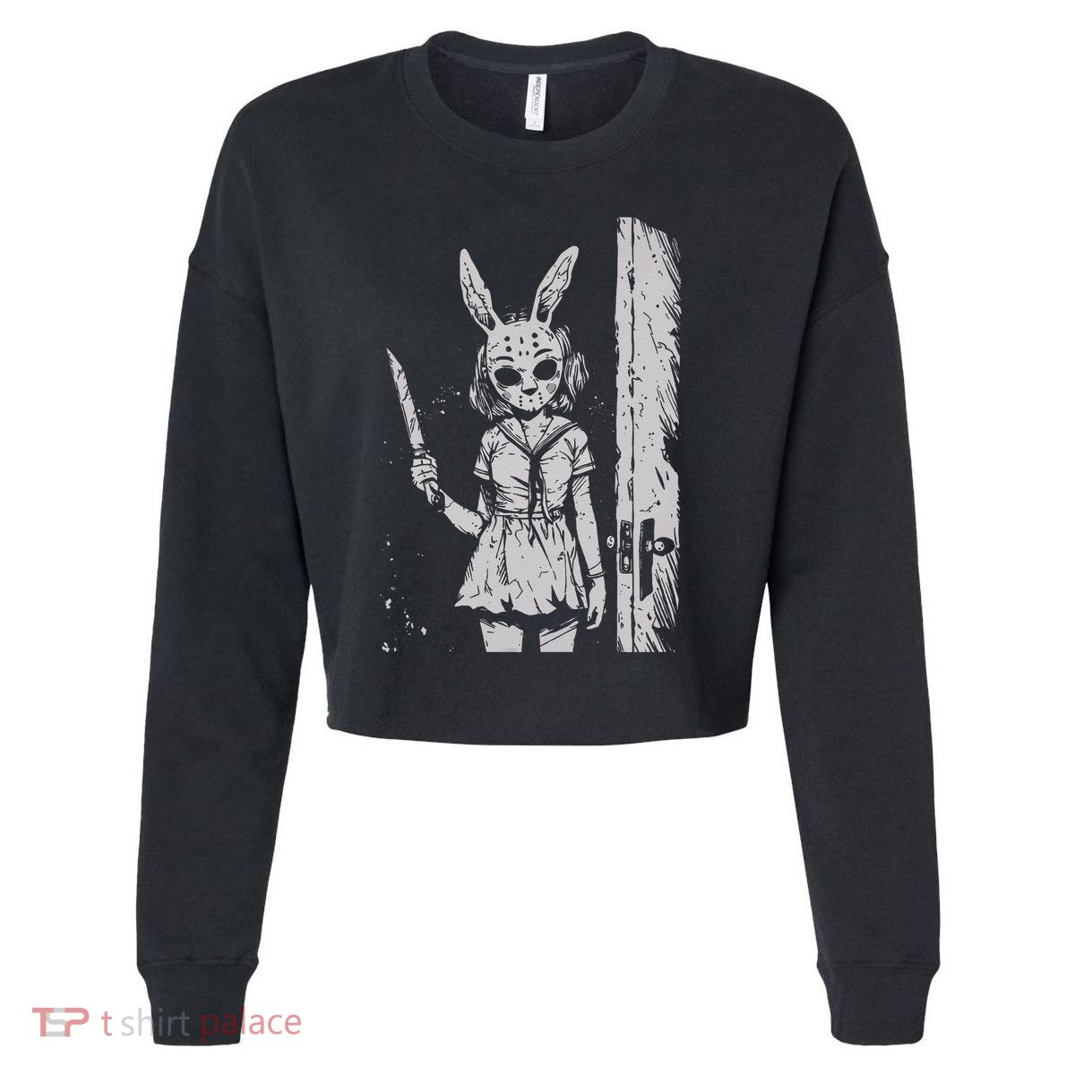 Horror Bunny Mask Rabbit Alt Goth Slasher Creepy Anime Cropped Pullover Crew