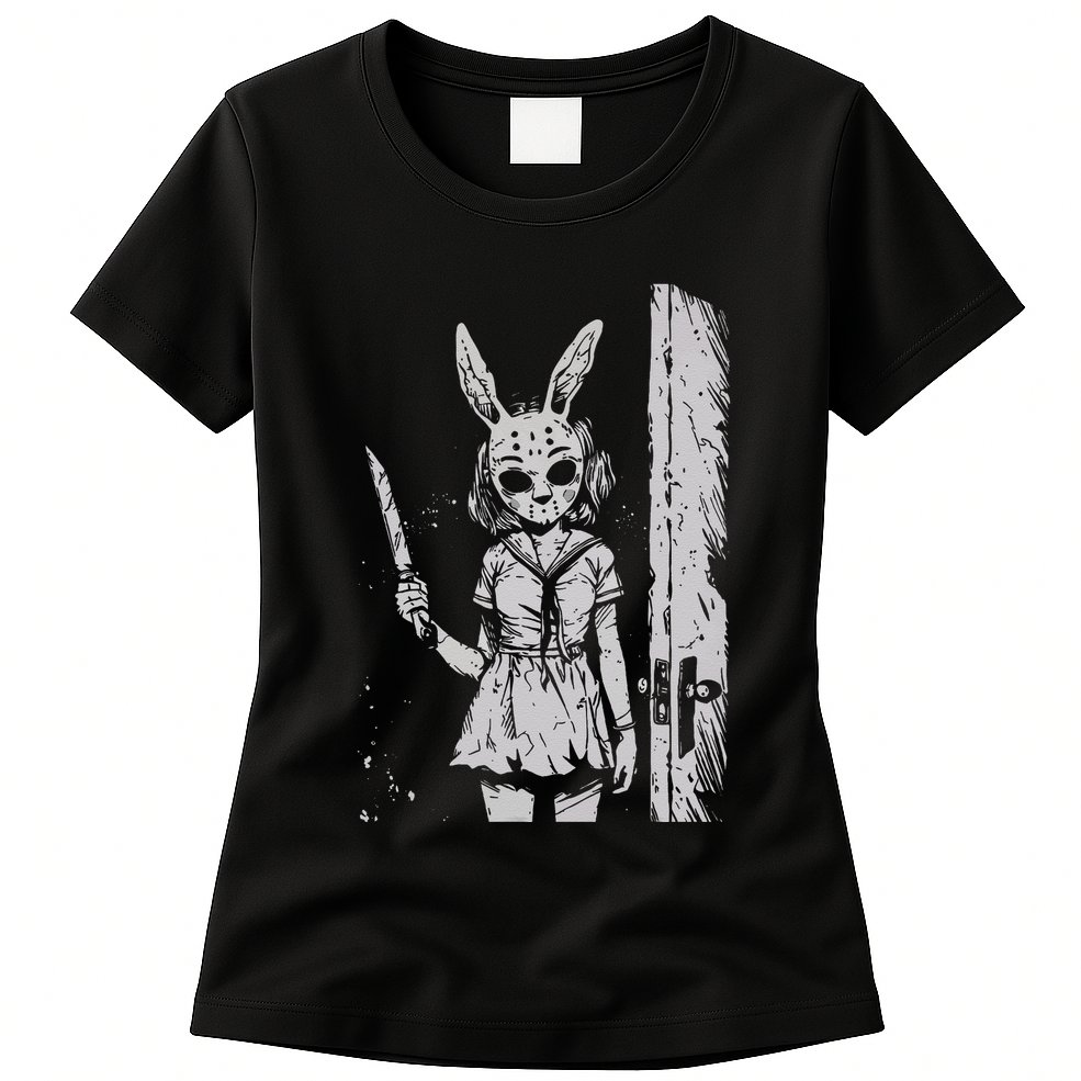 Horror Bunny Mask Rabbit Alt Goth Slasher Creepy Anime Womens T-Shirt