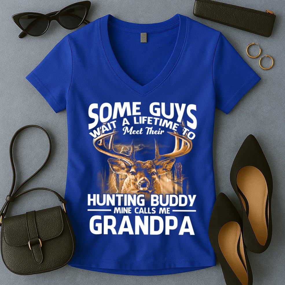 Hunting Buddy Mine Calls Me Grandpa Fathers Day Deer Hunter Great Gift Women's V-Neck T-Shirt