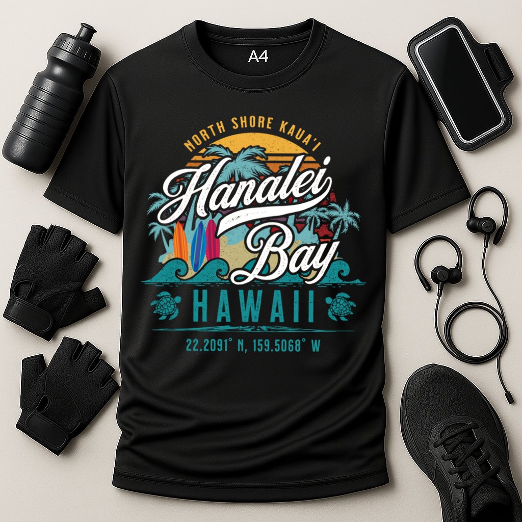 Hanalei Bay North Shore Kauai Hawaii Retro Sun Surf Fishing Gift Cooling Performance Crew T-Shirt