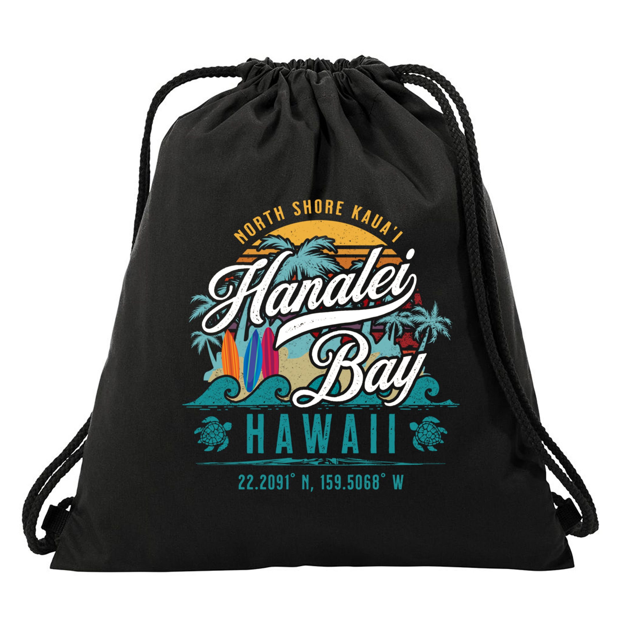 Hanalei Bay North Shore Kauai Hawaii Retro Sun Surf Fishing Gift Drawstring Bag