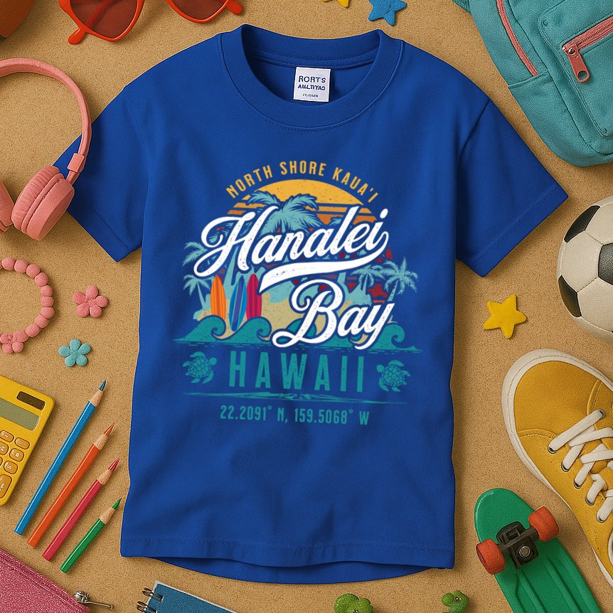 Hanalei Bay North Shore Kauai Hawaii Retro Sun Surf Fishing Gift Kids T-Shirt