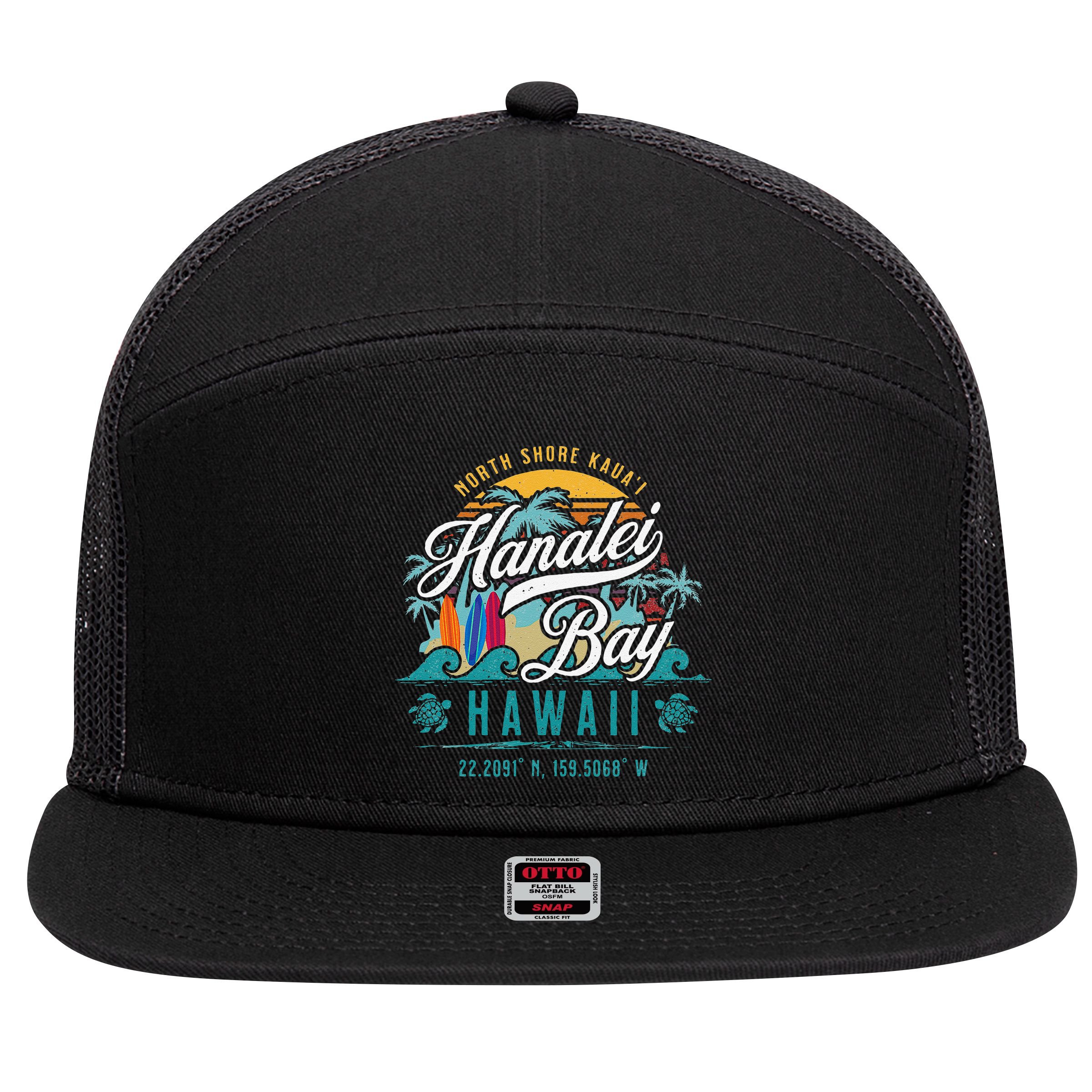 Hanalei Bay North Shore Kauai Hawaii Retro Sun Surf Fishing 7 Panel Mesh Trucker Snapback Hat