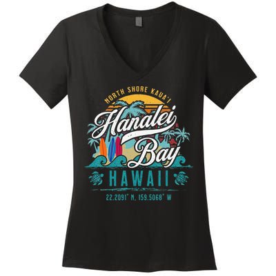 Hanalei Bay North Shore Kauai Hawaii Retro Sun Surf Fishing Women's V-Neck T-Shirt