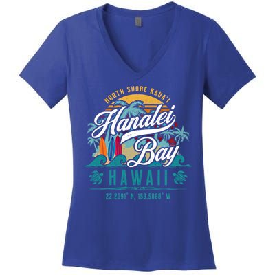 Hanalei Bay North Shore Kauai Hawaii Retro Sun Surf Fishing Meaningful Gift Women's V-Neck T-Shirt