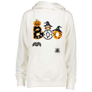 Halloween Boo Owl With Witch Hat Spiders Womens Funnel Neck Pullover Hood