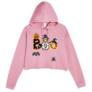 Halloween Boo Owl With Witch Hat Spiders Crop Fleece Hoodie