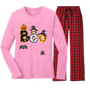 Halloween Boo Owl With Witch Hat Spiders Women's Long Sleeve Flannel Pajama Set 