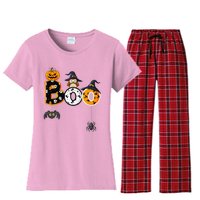 Halloween Boo Owl With Witch Hat Spiders Women's Flannel Pajama Set