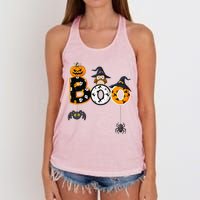 Halloween Boo Owl With Witch Hat Spiders Women's Knotted Racerback Tank