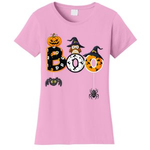 Halloween Boo Owl With Witch Hat Spiders Women's T-Shirt