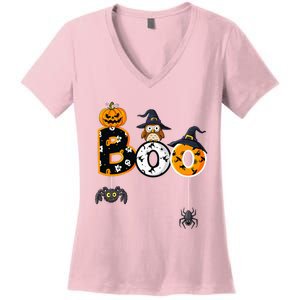 Halloween Boo Owl With Witch Hat Spiders Women's V-Neck T-Shirt