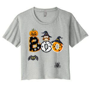 Halloween Boo Owl With Witch Hat Spiders Women's Crop Top Tee