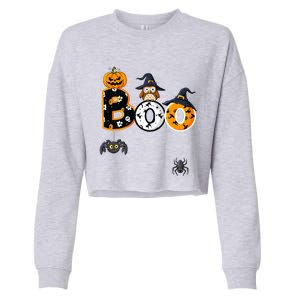 Halloween Boo Owl With Witch Hat Spiders Cropped Pullover Crew