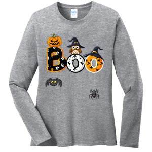 Halloween Boo Owl With Witch Hat Spiders Ladies Long Sleeve Shirt