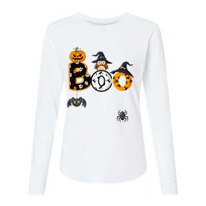 Halloween Boo Owl With Witch Hat Spiders Womens Cotton Relaxed Long Sleeve T-Shirt