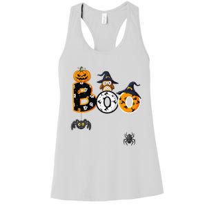 Halloween Boo Owl With Witch Hat Spiders Women's Racerback Tank