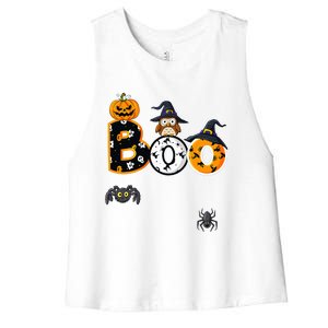 Halloween Boo Owl With Witch Hat Spiders Women's Racerback Cropped Tank