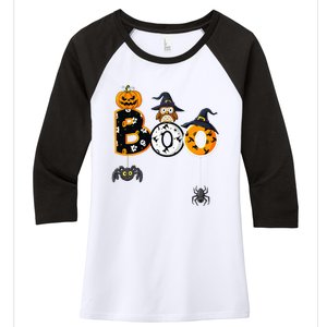 Halloween Boo Owl With Witch Hat Spiders Women's Tri-Blend 3/4-Sleeve Raglan Shirt