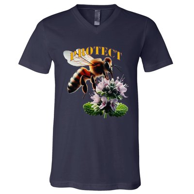 Honey Bee On Mint. Protect! V-Neck T-Shirt