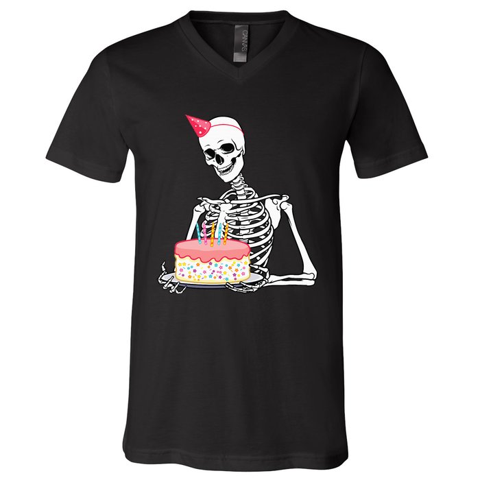 Halloween Birthday Outfit Skeleton Birthday Party V-Neck T-Shirt