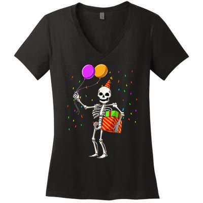 Halloween Birthday Party Outfit Skeleton Birthday Party Women's V-Neck T-Shirt