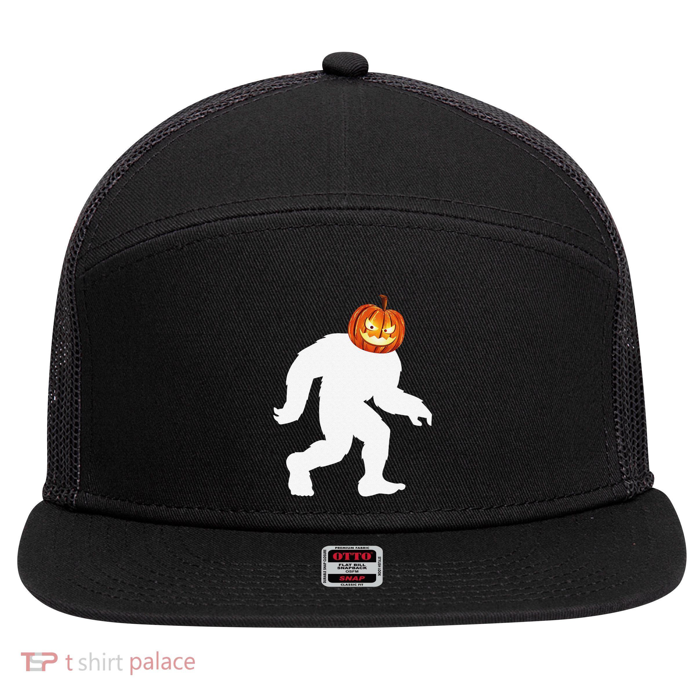 Halloween Bigfoot Pumpkin Head Sasquatch 7 Panel Mesh Trucker Snapback Hat
